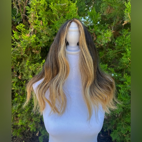 Other - 100% Human Hair Natural Ombre Brown and Blonde Wavy Hair Shoulder Length Wig